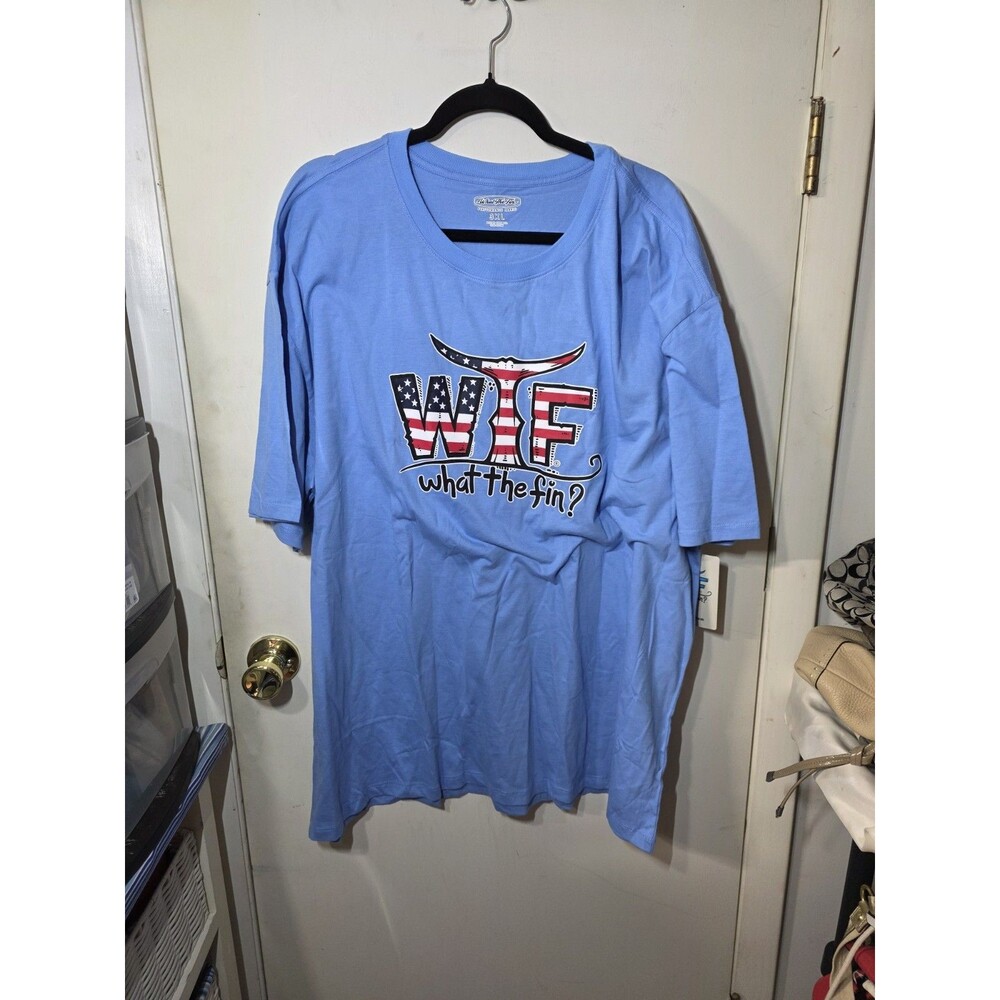 NWT What The Fin Marlin American Flag T-Shirt. Unisex 3XL Blue Graphic Design
